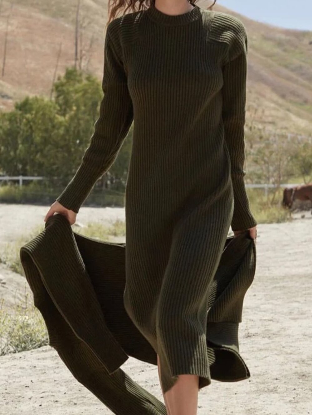 Anine Bing Aurora Army Green Ribbed‎ Sweater Midi Dress S